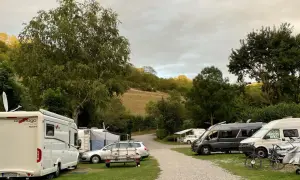 Wohnmobile und Autos auf einem Campingplatz bei Rothenburg ob der Tauber. Im Hintergrund sanfte Hügel mit Bäumen.