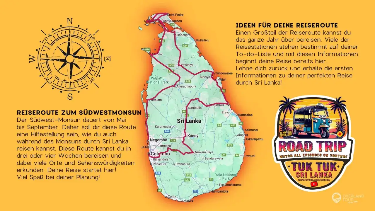 Reiseroute durch Sri Lanka mit Kompass und Tuk-Tuk-Motiv. Ideal für deine Reiseplanung im Südwest-Monsun.