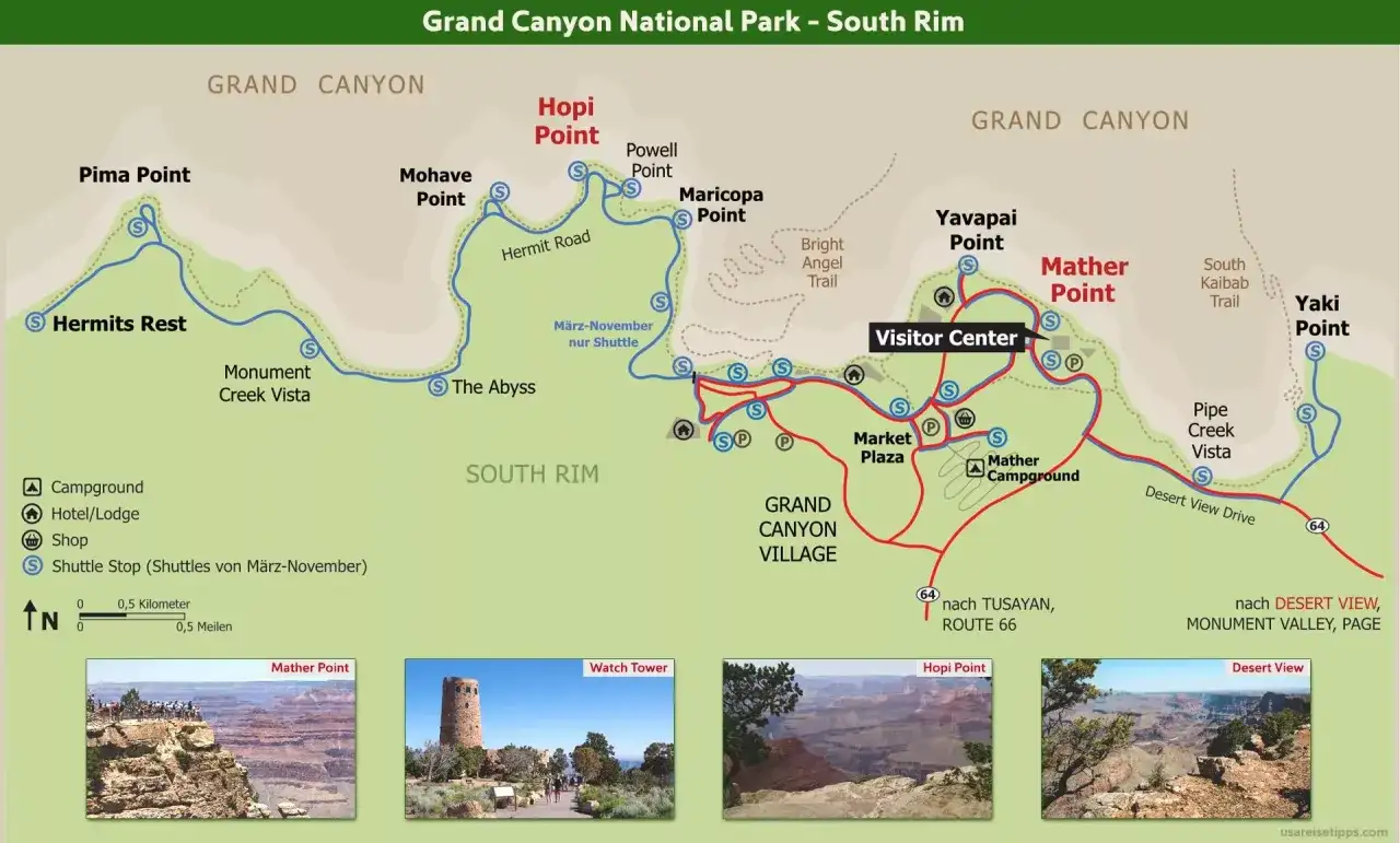 Karte des Grand Canyon National Park, South Rim. Zeigt Aussichtspunkte wie Mather Point, Hopi Point und Desert View.