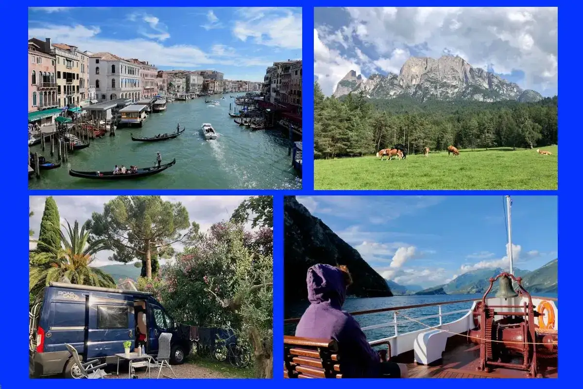 Vier Eindrücke einer Italien Route: Venedig mit Gondeln, Berge mit Kühen, Camping mit Van und eine Bootsfahrt auf einem See.